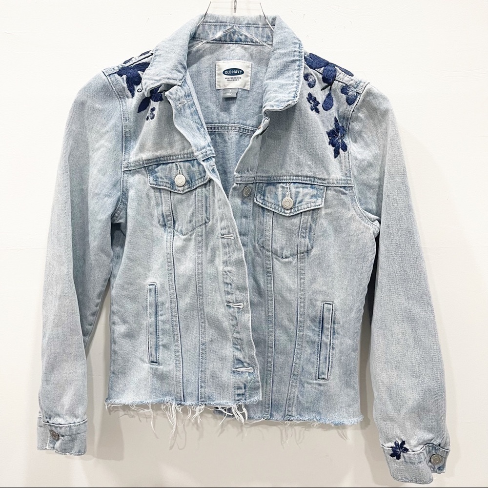Old Navy Denim Raw Hem Floral Embroidered Jacket Small Cotton